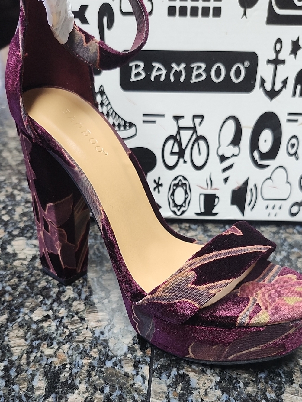 BAMBOO Burgundy Floral Ankle-BUCKLE Block Heels NWOT In Box